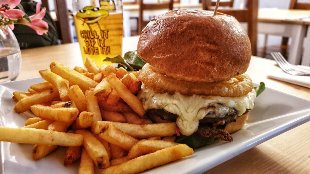 Burger and Chips at the Witchball Pub, Lizard, Cornwall
