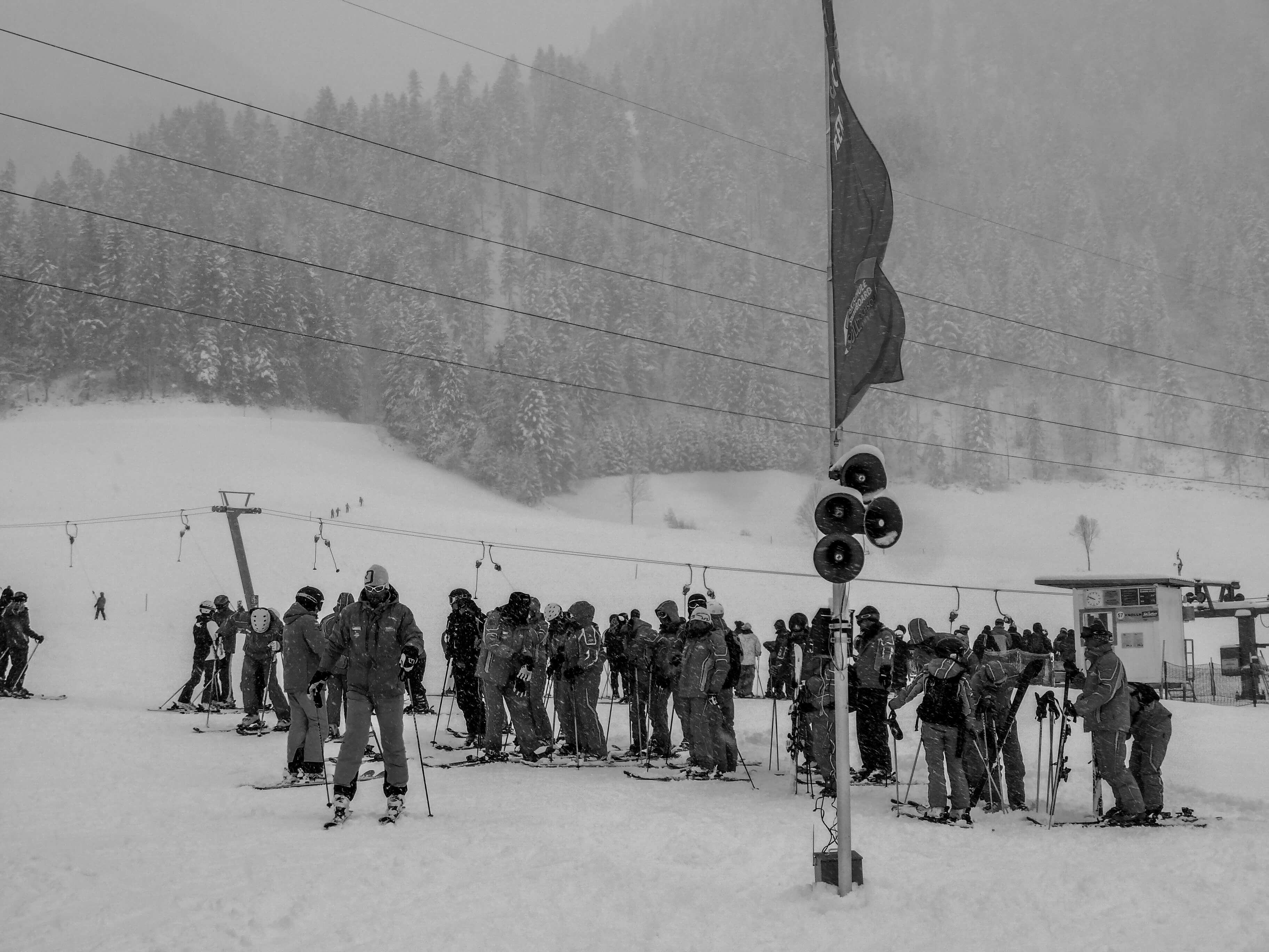 all the instructors congregating before the first morning of ski school in soll austria