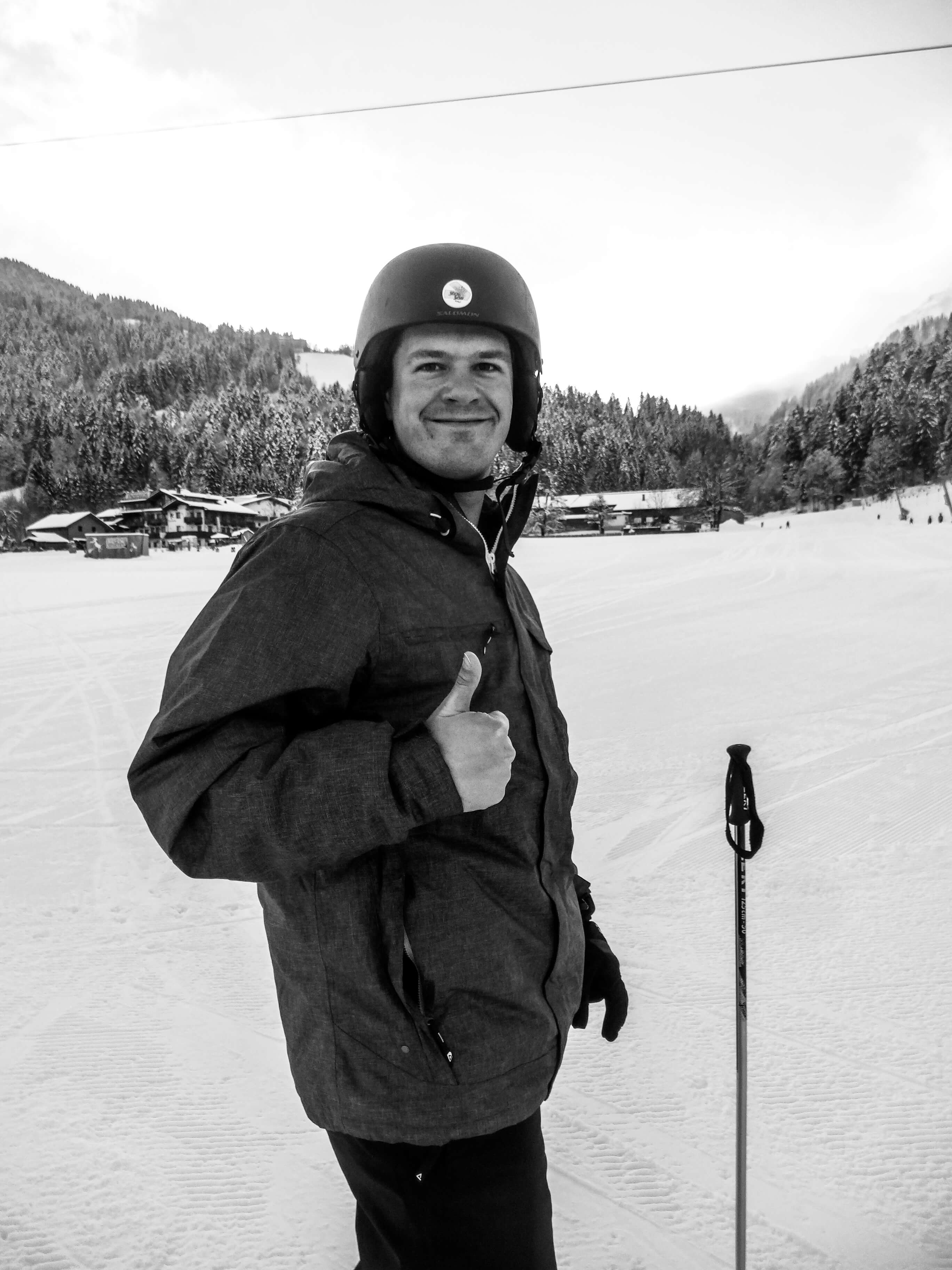 me standing giving the phones up and a nervous smile trying to learn to ski for the first time in austria