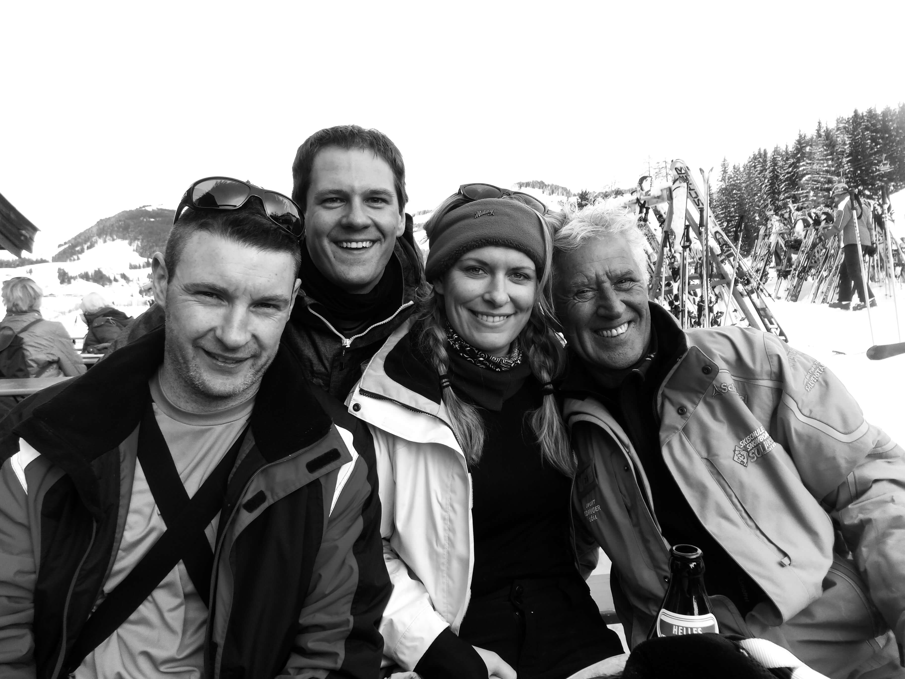 photo of me and friends with our ski instructor on my first skiing holiday in soll austria